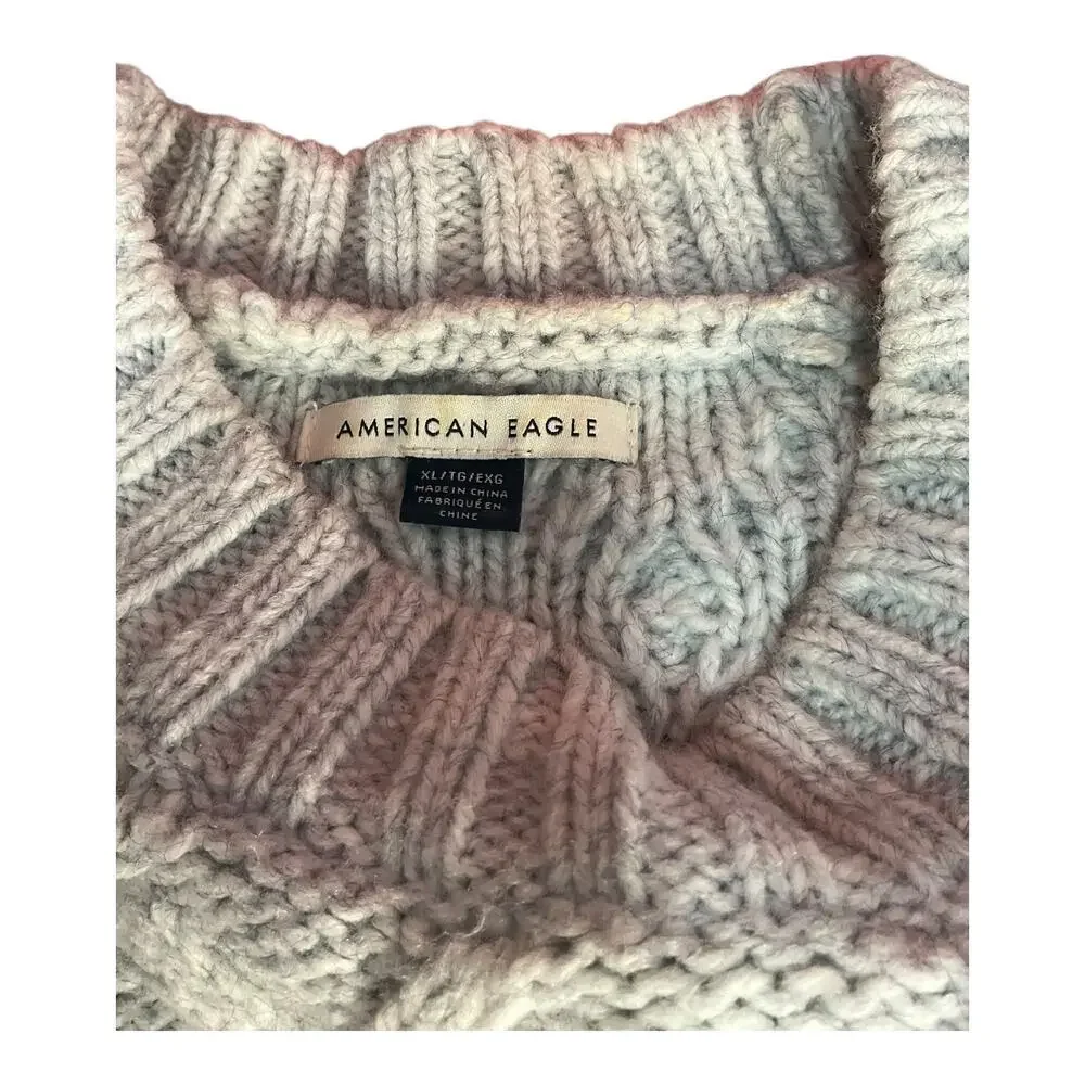 American Eagle Cable Knit Sweater XL Gray Cream Striped Chunky Crewneck Pullover